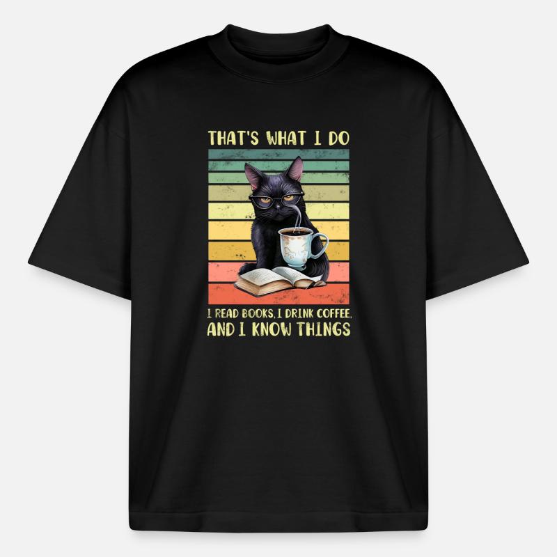 Schwarze Katze mit Kaffee und Buch - Boxy Heavyweight Unisex Organic T-Shirt von Stanley/Stella - Schwarz