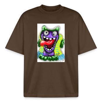Bunter Cartoon Monster mit Riesenzunge - Boxy Heavyweight Unisex Organic T-Shirt von Stanley/Stella - Dunkelbraun - Vorne - AI Model Male 185 light (185cm) & AI Model Female 172 dark (172cm)