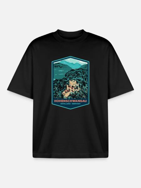 Illustration Hohenschwangau Castle, Bavaria - Boxy Heavyweight Unisex Organic T-Shirt by Stanley/Stella - black