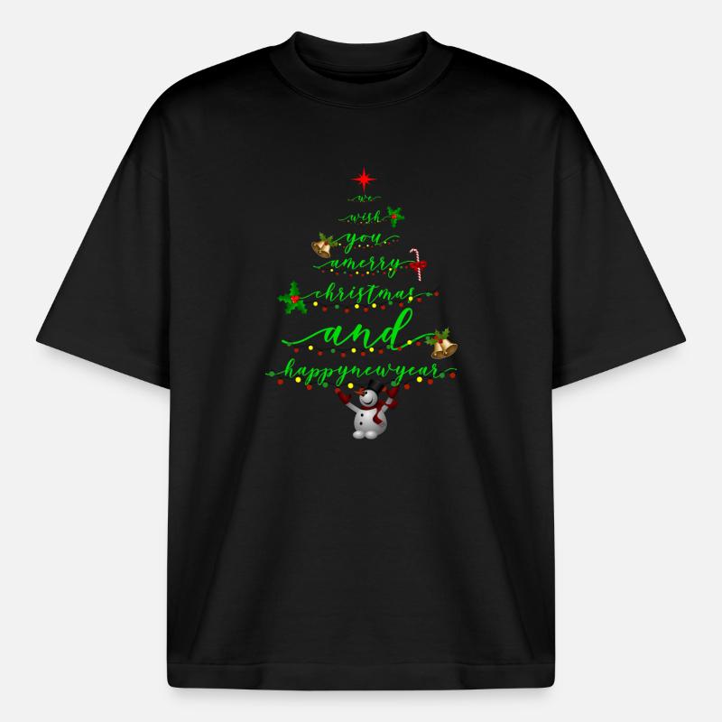 Script Christmas Tree with Snowman - Boxy Heavyweight Unisex Organic T-Shirt by Stanley/Stella - black