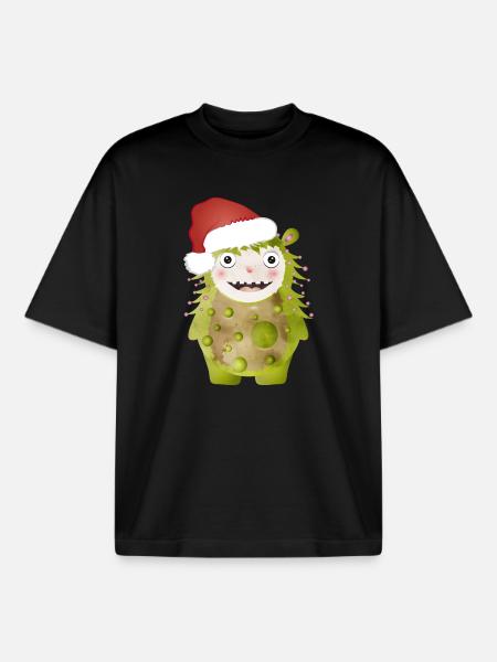 Cheerful green monster celebrating Christmas - Boxy Heavyweight Unisex Organic T-Shirt by Stanley/Stella - black