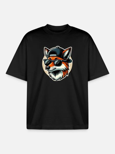 Renard avec lunettes de soleil et casquette - T-shirt unisexe boxy épais biologique Stanley/Stella - noir