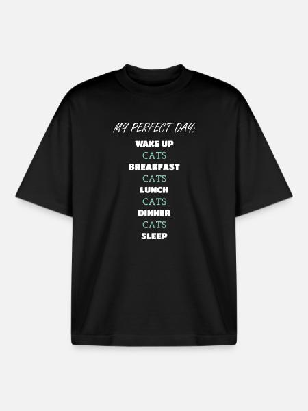 Whimsical Cat Daily Routine Design - Boxy Heavyweight Unisex Organic T-Shirt by Stanley/Stella - black