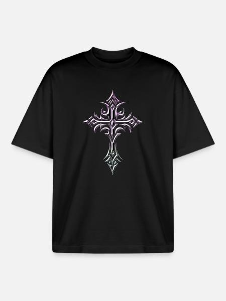 Crimson Lilac Ornate Cross - Boxy Heavyweight Unisex Organic T-Shirt by Stanley/Stella - black