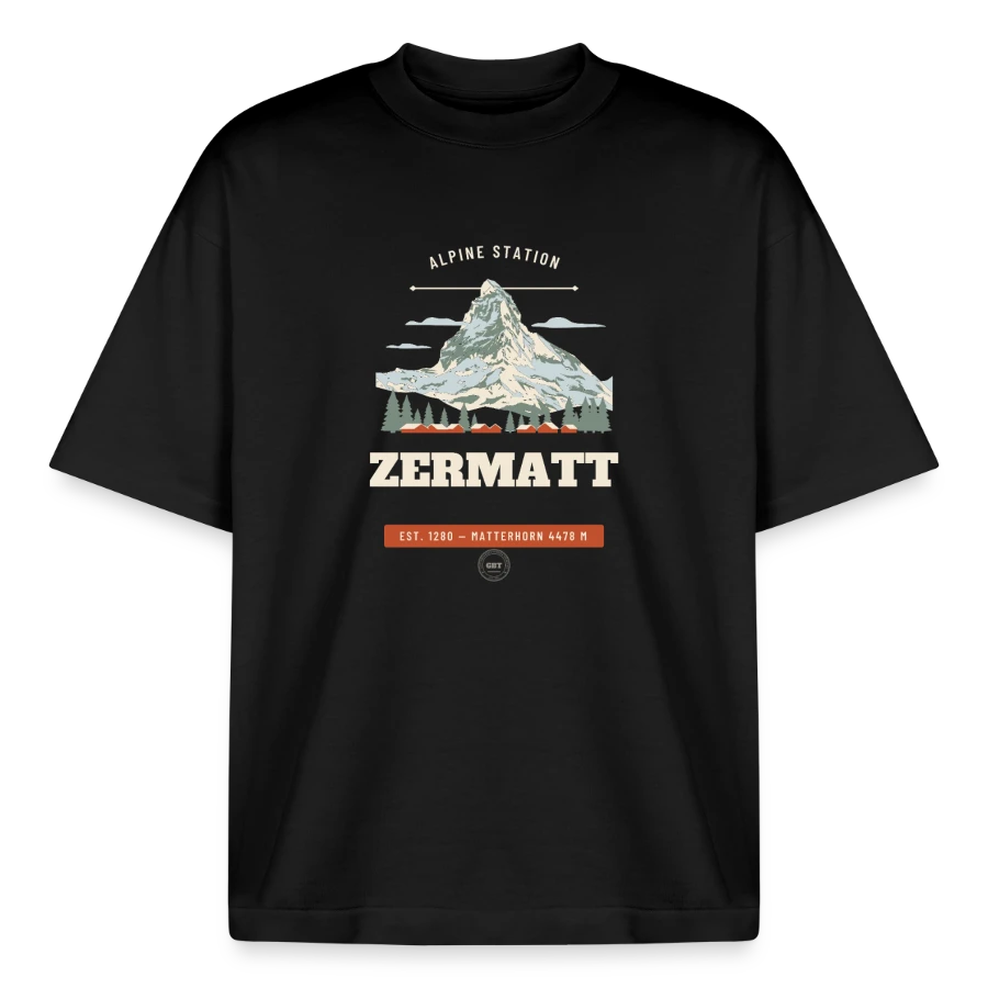 Zermatt badge on a boxy heavyweight unisex organic t-shirt by stanley/stella, black