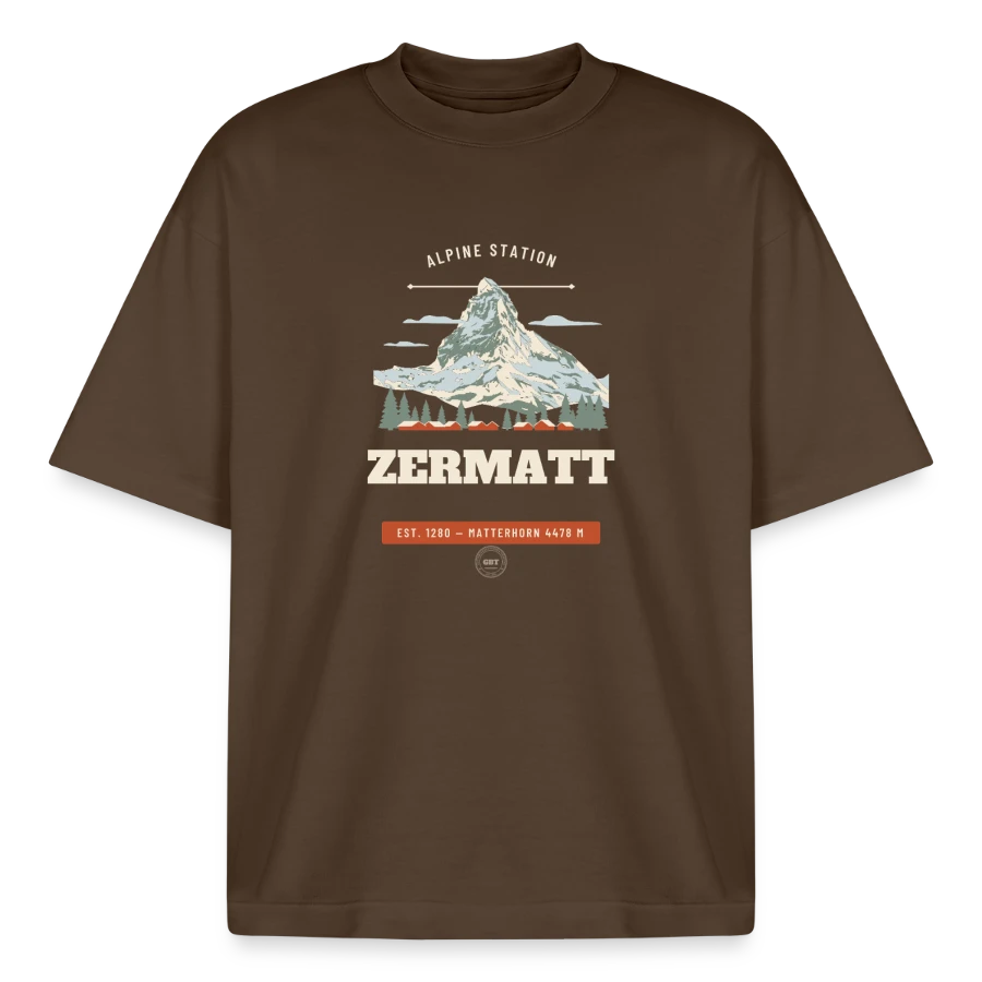 Zermatt badge on a boxy heavyweight unisex organic t-shirt by stanley/stella, mocha
