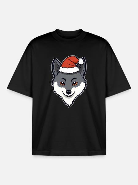 Christmas Wolf Cartoon Head with Hat - Boxy Heavyweight Unisex Organic T-Shirt by Stanley/Stella - black