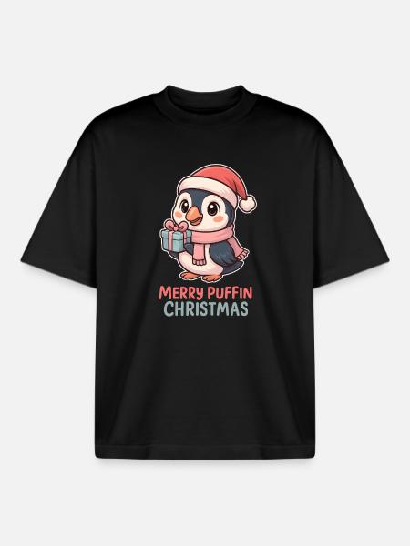 Macareux Noël mignon - T-shirt unisexe boxy épais biologique Stanley/Stella - noir