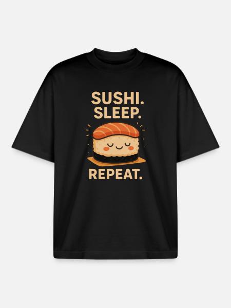 Sushi Sleep Repeat – Fun Kawaii Design - Boxy Heavyweight Unisex Organic T-Shirt by Stanley/Stella - black