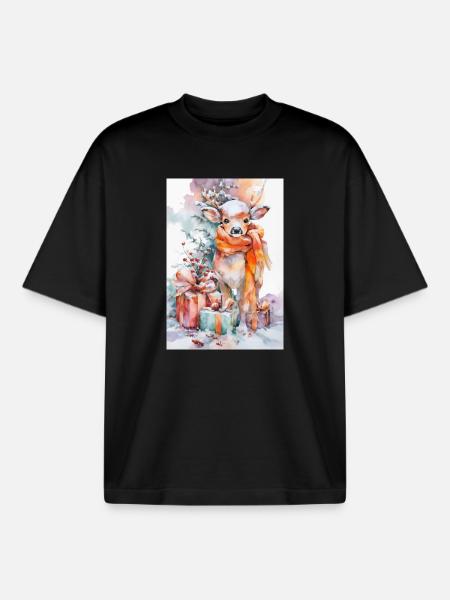 Aquarell Winterhirsch mit Geschenken - Boxy Heavyweight Unisex Organic T-Shirt von Stanley/Stella - Schwarz