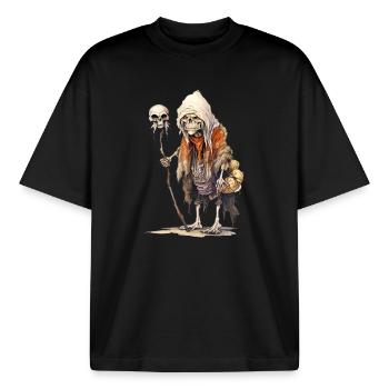 Magicien osseux avec bâton de crâne – Fantasy - T-shirt unisexe boxy épais biologique Stanley/Stella - noir - Devant - AI Model Male 185 light (185cm) & AI Model Female 172 dark (172cm)