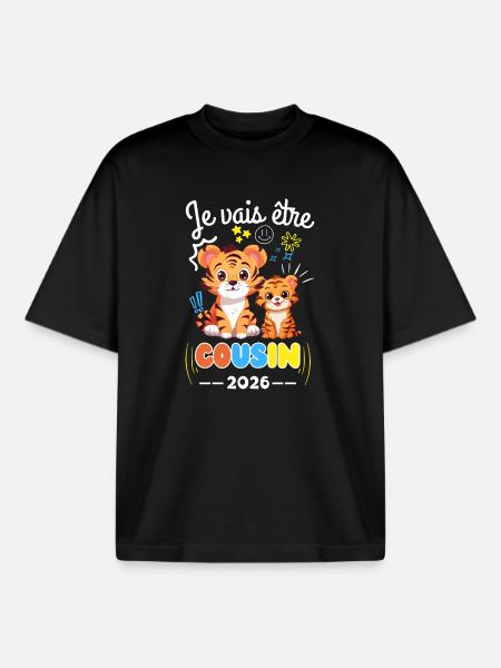 Będę kuzynką 2026 Ogłoszenie ciąży Tigera - T-shirt unisex boxy ciężki organiczny Stanley/Stella - czarny