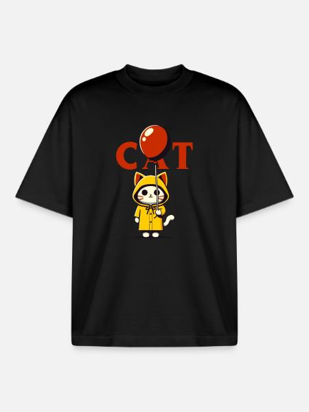 Red Balloon Kitten - Boxy Heavyweight Unisex Organic T-Shirt by Stanley/Stella - black