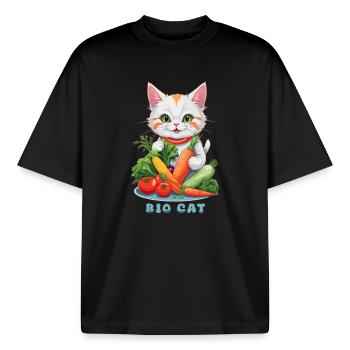 Organic Cat - Boxy Heavyweight Unisex Organic T-Shirt by Stanley/Stella - black - Front - AI Model Male 185 light (185cm) & AI Model Female 172 dark (172cm)