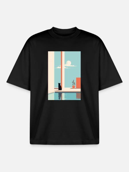 cat by the pool - Boxy Heavyweight Unisex Organic T-Shirt by Stanley/Stella - black