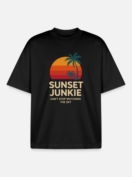 Sunset Junkie – Tropical Sunset Lover Shirt - Boxy Heavyweight Unisex Organic T-Shirt by Stanley/Stella - black