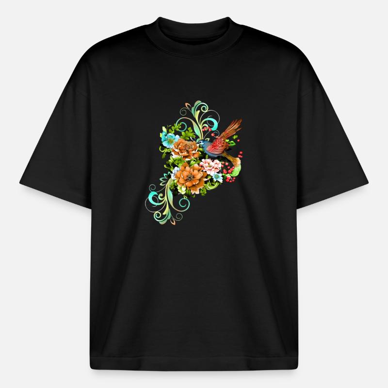 Wunderschöne elegante Blumen mit Vogel. - Boxy Heavyweight Unisex Organic T-Shirt von Stanley/Stella - Schwarz