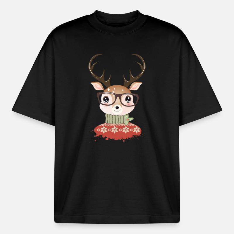 Hirsch mit Weihnachtspullover und Nerd Brille - Boxy Heavyweight Unisex Organic T-Shirt von Stanley/Stella - Schwarz