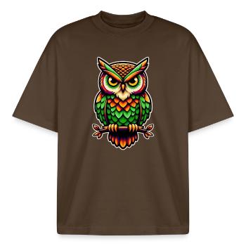 Eule - Boxy Heavyweight Unisex Organic T-Shirt von Stanley/Stella - Dunkelbraun - Vorne - AI Model Male 185 light (185cm) & AI Model Female 172 dark (172cm)