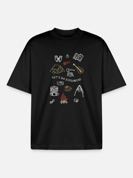 Camping Adventure Outline Design - Boxy Heavyweight Unisex Organic T-Shirt by Stanley/Stella - black