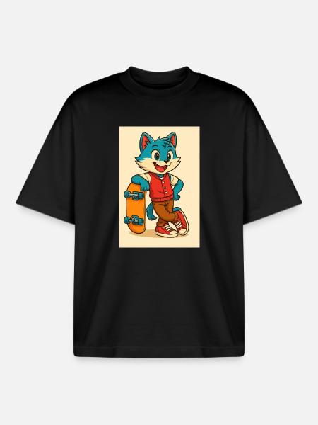 Scooter Fox with Skateboard - Boxy Heavyweight Unisex Organic T-Shirt by Stanley/Stella - black