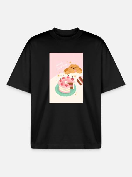 Cute Dog Birthday Cake - Boxy Heavyweight Unisex Organic T-Shirt by Stanley/Stella - black