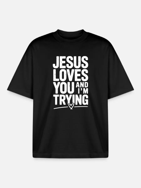 Jésus t’aime et j’essaie - T-shirt unisexe boxy épais biologique Stanley/Stella - noir