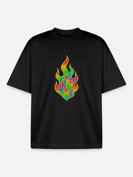 Rainbow Fire Glitter Flame - Boxy Heavyweight Unisex Organic T-Shirt by Stanley/Stella - black