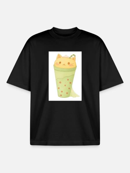 Kawaii Cat in Mint Bubble Tea - Boxy Heavyweight Unisex Organic T-Shirt by Stanley/Stella - black