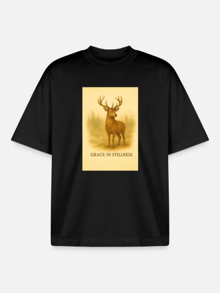Grace in Stillness Deer Illustration - Boxy Heavyweight Unisex Organic T-Shirt by Stanley/Stella - black