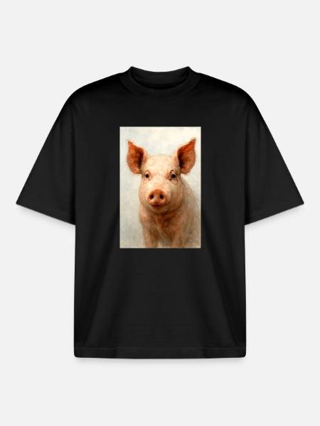 Charme Cochon à l’Aquarelle - T-shirt unisexe boxy épais biologique Stanley/Stella - noir