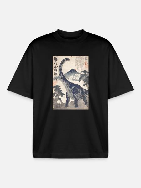 Ukiyo-e Dino under Mount Fuji - Boxy Heavyweight Unisex Organic T-Shirt by Stanley/Stella - black