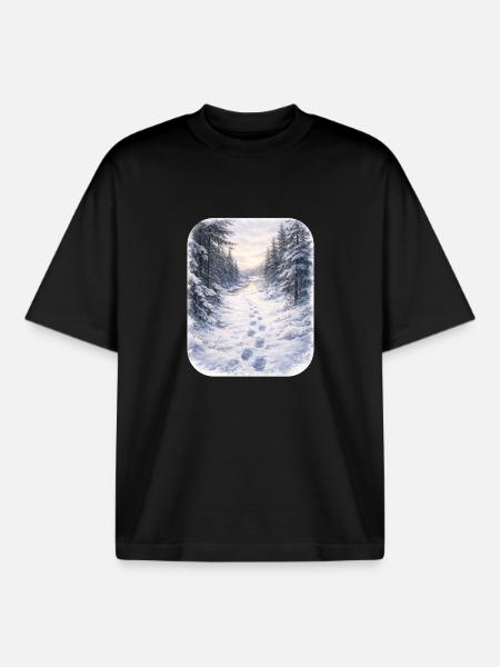 Winter Forest Path Morgenschein - Boxy Heavyweight Unisex Organic T-Shirt by Stanley/Stella - black
