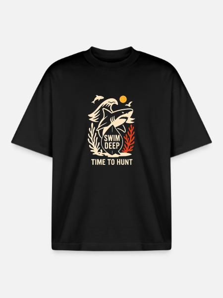 Deep Hunting Underwater Shark Scene - Boxy Heavyweight Unisex Organic T-Shirt by Stanley/Stella - black