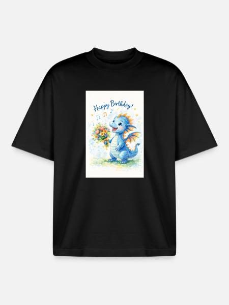 Blauer Drache mit Blumenstrauß - Boxy Heavyweight Unisex Organic T-Shirt von Stanley/Stella - Schwarz