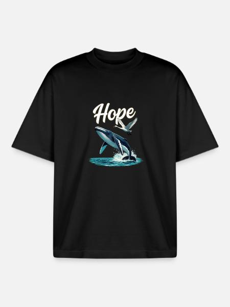 Hope: Whale and Swan Leap, Hope - Boxy Heavyweight Unisex Organic T-Shirt by Stanley/Stella - black