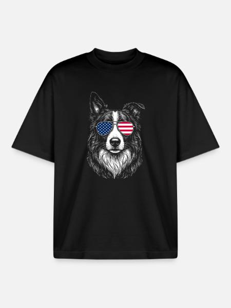 Border Collie USA Sunglasses Patriotic - Boxy Heavyweight Unisex Organic T-Shirt by Stanley/Stella - black