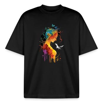 Âme terrifiée avec papillon et colombe - T-shirt unisexe boxy épais biologique Stanley/Stella - noir - Devant - AI Model Male 185 light (185cm) & AI Model Female 172 dark (172cm)