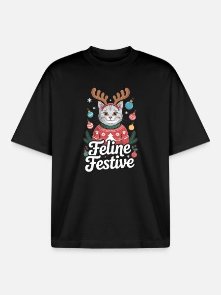Feline Festive Christmas Cat Reindeer Antlers - Boxy Heavyweight Unisex Organic T-Shirt by Stanley/Stella - black