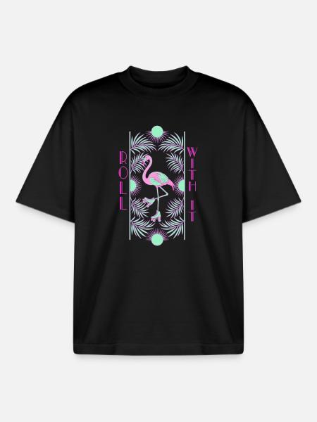 Roll With It Flamingo - Boxy Heavyweight Unisex Organic T-Shirt by Stanley/Stella - black