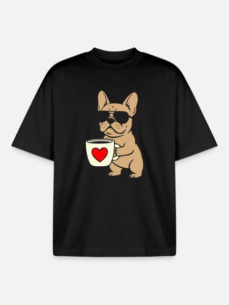 Frenchie Coffee Flat Design - Boxy Heavyweight Unisex Organic T-Shirt by Stanley/Stella - black