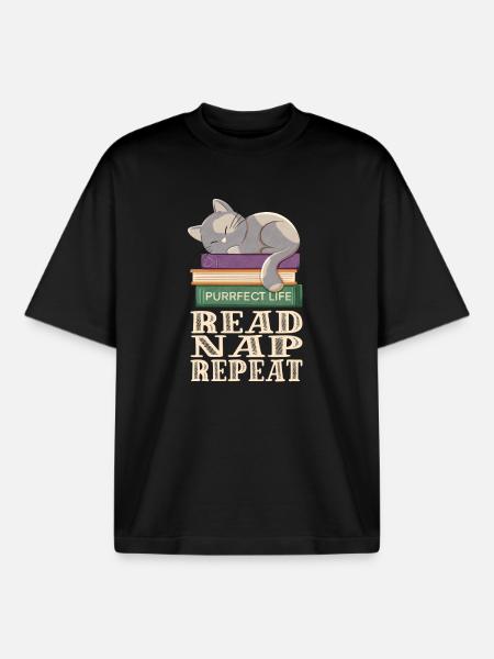 Reading, sleeping, repeating and cats - Boxy Heavyweight Unisex Organic T-Shirt by Stanley/Stella - black