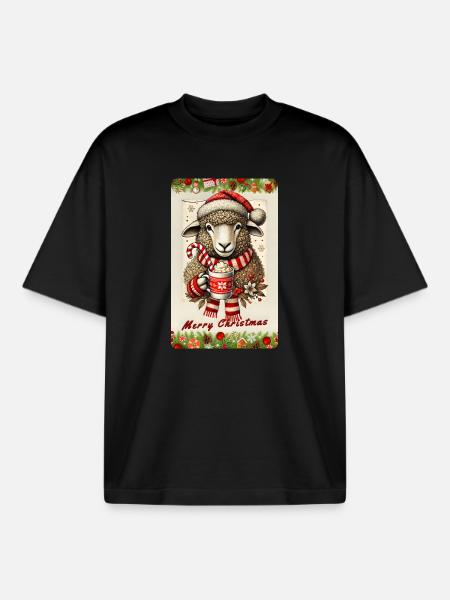 Christmas sheep with hot chocolate - Boxy Heavyweight Unisex Organic T-Shirt by Stanley/Stella - black