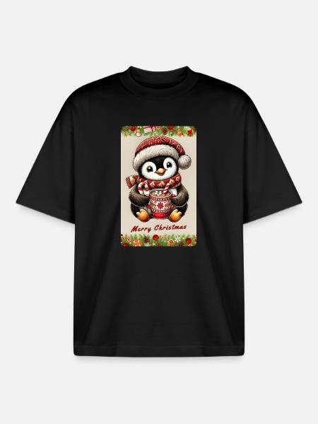 Christmas Penguin with Hot Chocolate - Boxy Heavyweight Unisex Organic T-Shirt by Stanley/Stella - black