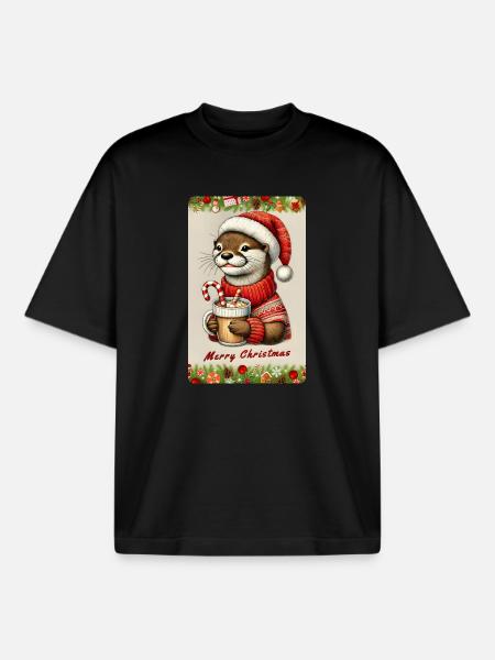 Christmas otter with hot chocolate - Boxy Heavyweight Unisex Organic T-Shirt by Stanley/Stella - black