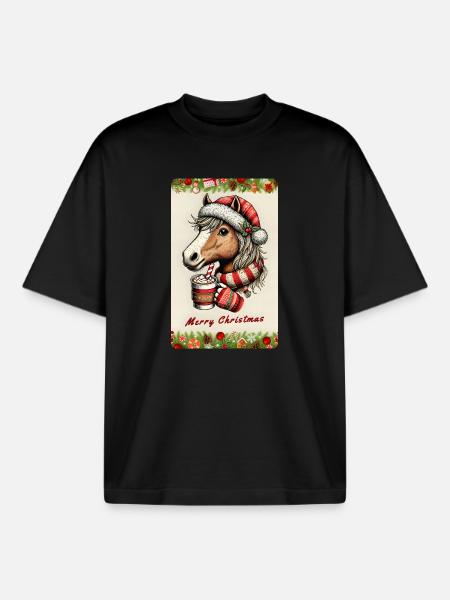 Weihnachtspferd mit heißer Schokolade - Boxy Heavyweight Unisex Organic T-Shirt von Stanley/Stella - Schwarz
