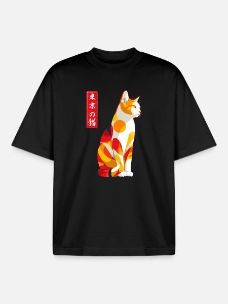 Tokyo Cat  - Boxy Heavyweight Unisex Organic T-Shirt by Stanley/Stella - black