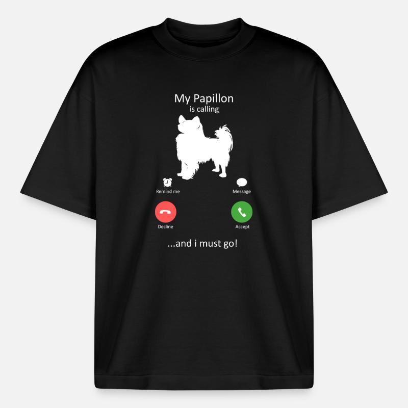 Papillon Dog Calling Smartphone Interface - Boxy Heavyweight Unisex Organic T-Shirt by Stanley/Stella - black