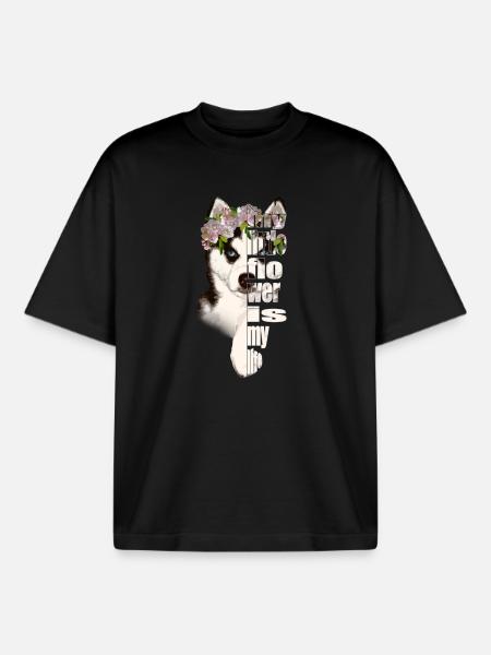 Husky mit Blumenkranz Lebensliebe - Boxy Heavyweight Unisex Organic T-Shirt von Stanley/Stella - Schwarz