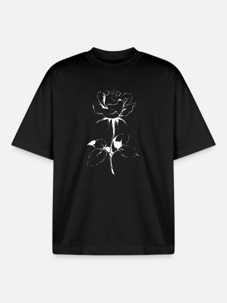 White Rose Line Art on Black - Boxy Heavyweight Unisex Organic T-Shirt by Stanley/Stella - black